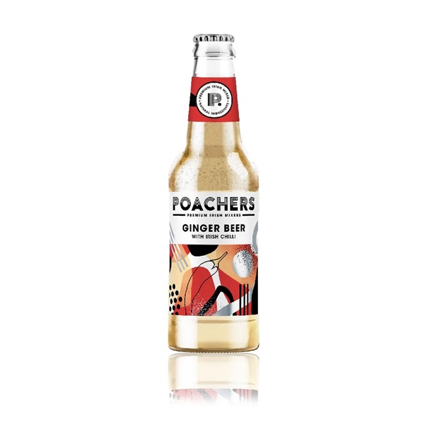 Poachers Ginger Beer with Irish Chilli in a glass bottle with a red and cream label.