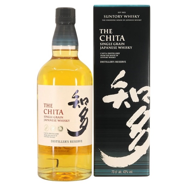 Suntory The Chita Single Grain Distiller's Reserve with a black box with cream text and a clear bottle with a white label and red and black text.