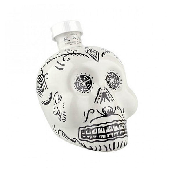 KAH Tequila Blanco in a white and black skull head bottle.