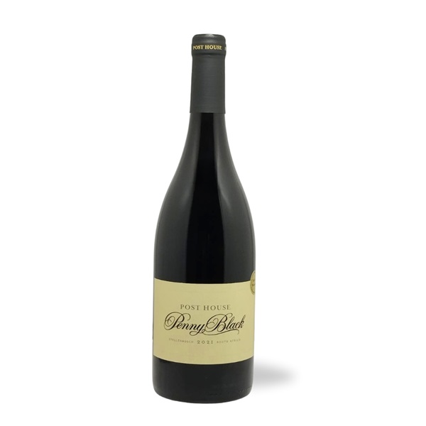 Post House Penny Black South African red wine in a dark bottle with a cream label.