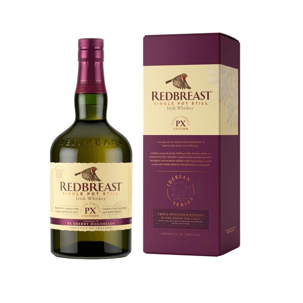 Redbreast PX Single Pot Still with a purple and cream box and a cream label on a green bottle.