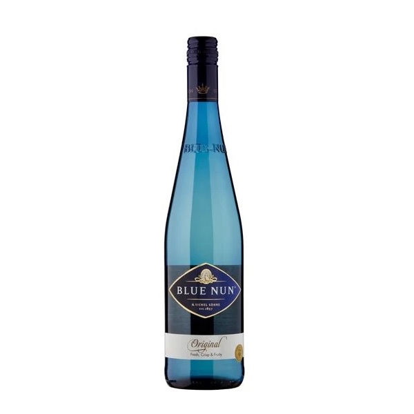Blue Nun Original in a blue bottle with a dark blue and white label.