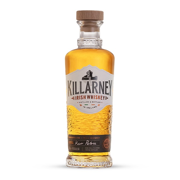 Killarney Irish Whiskey in a clear bottle with an amber whiskey and a white label with black text.