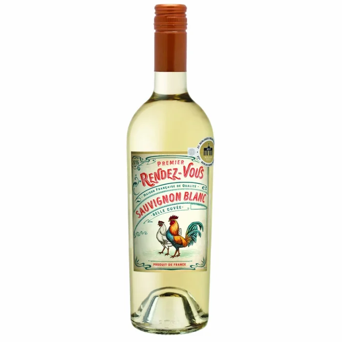Premier Rendez-Vous Sauvignon Blanc white French wine with a hen on a cream label and red text.