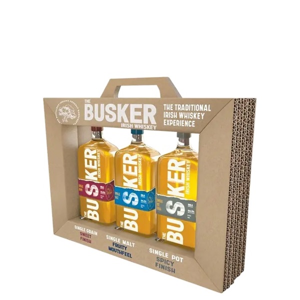The Busker Irish Whiskey Gift Set with three botttles in a card gift holder.