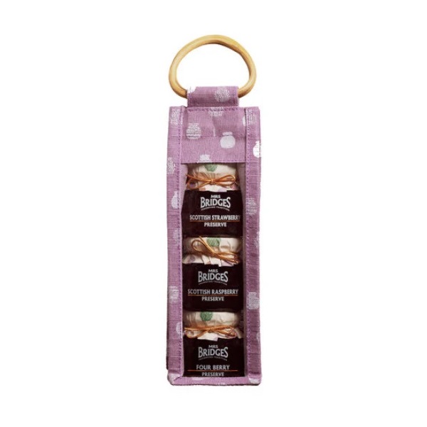 Mrs. Bridges Preserves Jute Pack with three mini preserves in a purple jute pack with a wooden handle.