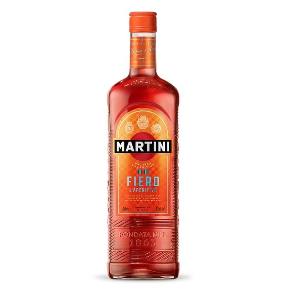 Martini Fiero L'Aperitivo red vermouth with an orange label.