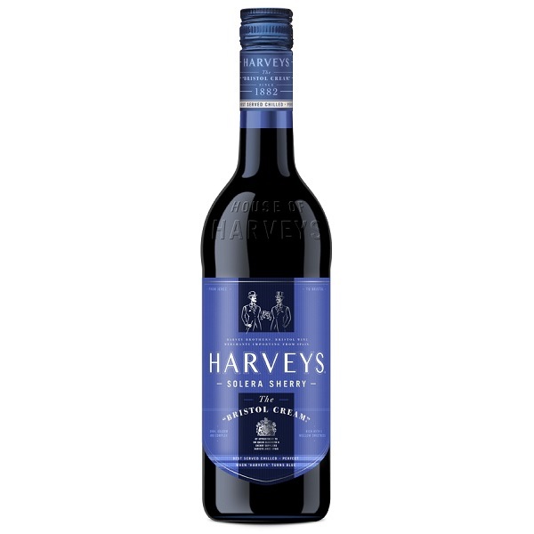 Harvey's Bristol Cream Sherry in a black bottle with a blue label.