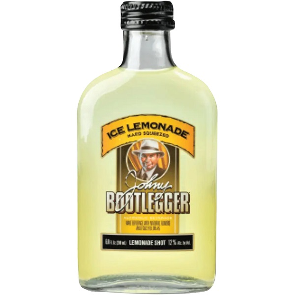 Johny Bootlegger Ice Lemonade Shot in a light yellow colour with a man in a hate on a yellow and black label.