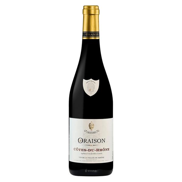Oraison Cotes-Du-Rhone in a dark bottle with a gold top and a white label.