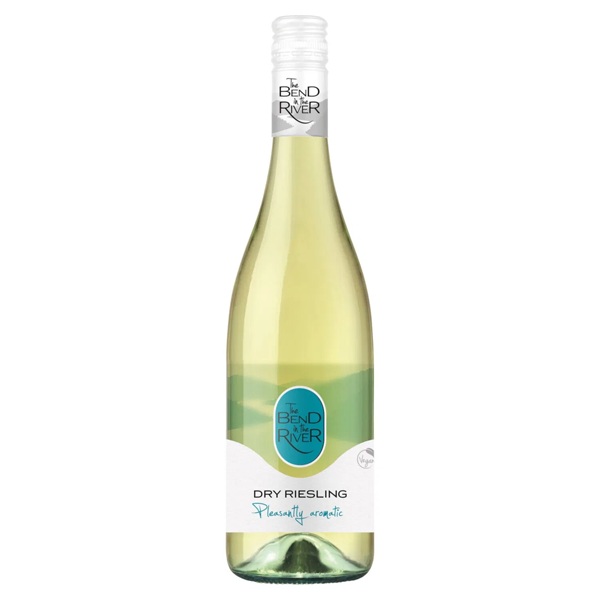 The Bend in the River Dry Riesling in a clear bottle with a green and white label.