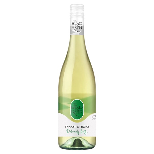 The Bend in the River Pinot Grigio in a clear bottle with a green and white label.