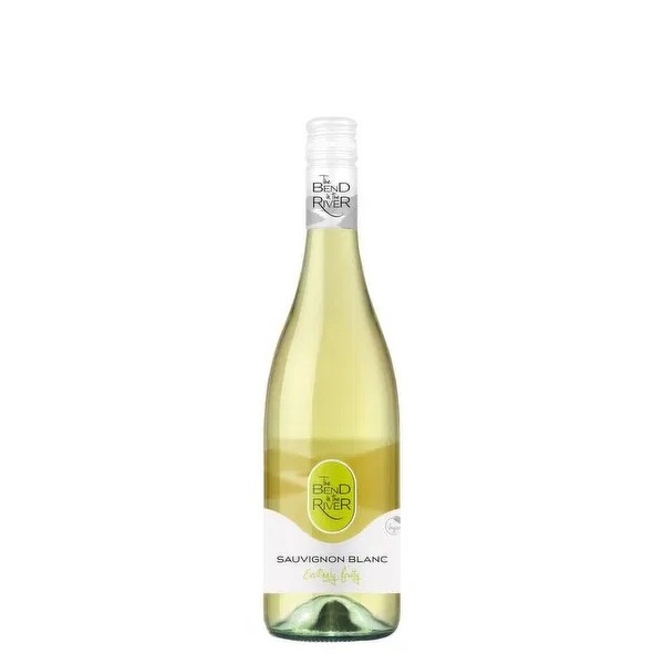 The Bend in the River Sauvignon Blanc in a clear bottle with a white and light green label.