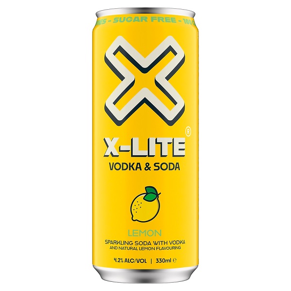 X-Lite Vodka and Soda Lemon in a yellow can with white text.
