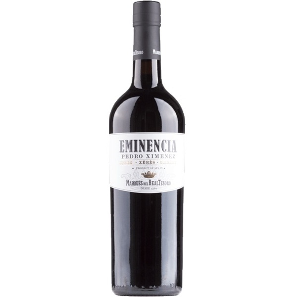 Eminencia Pedro Ximenez Sherry in a dark bottle with a white label.