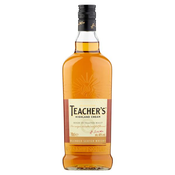 Teacher's Highland Cream Scotch Whisky in a clear bottle with a cream label and black text.
