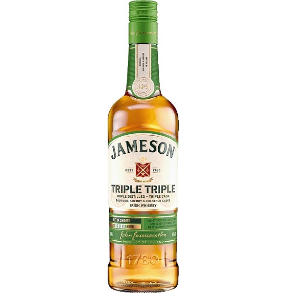 Jameson Triple Triple in a clear bottle with an amber colour with a cream and green label and a green top.