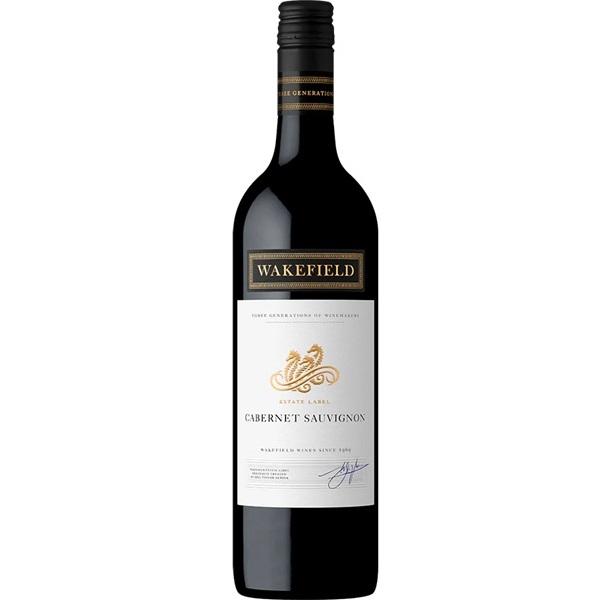 Wakefield Cabernet Sauvignon in a dark bottle with a white label.