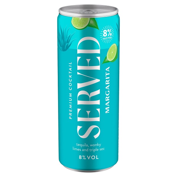 Served Margarita in an aqua blue can with white text.