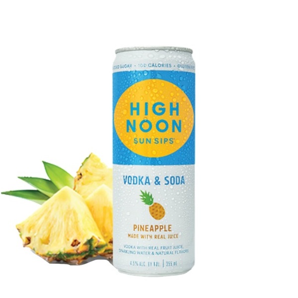 High Noon Pineapple Vodka and Soda in a blue, white and yellow can.