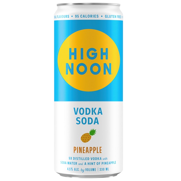 High Noon Pineapple Vodka Soda in a blue and white can with a yellow circle and blue text.