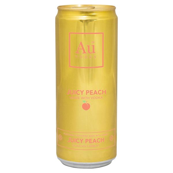 Au Vodka Juicy Peach premix in a gold can with peach text.