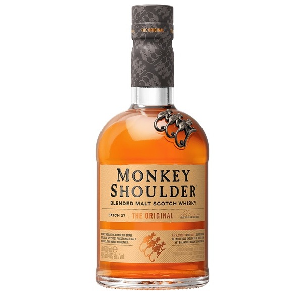 Monkey Shoulder Blended Malt Scotch Whisky with an amber colour, cream label, black and gold text and three monkeys on the bottle.