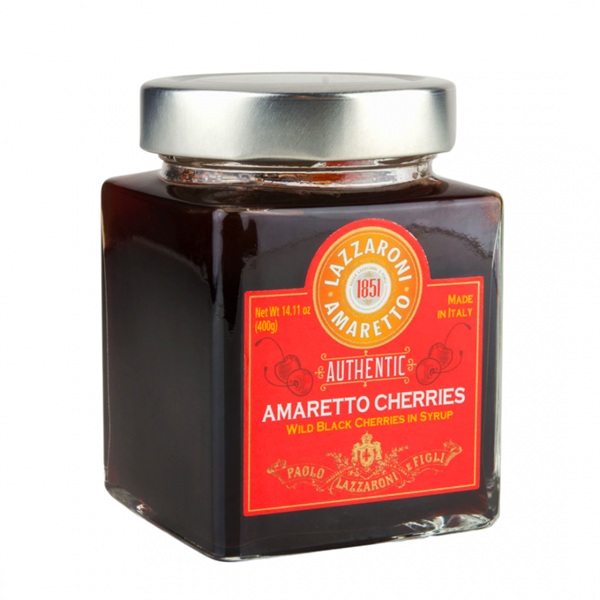 Lazzaroni Amaretto Cherries in a dark square jar with a round silver top and a red and orange label.