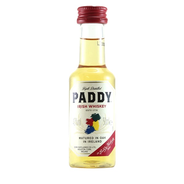 Paddy Irish Whiskey miniature bottle with a the island of Ireland on a white label with black text.
