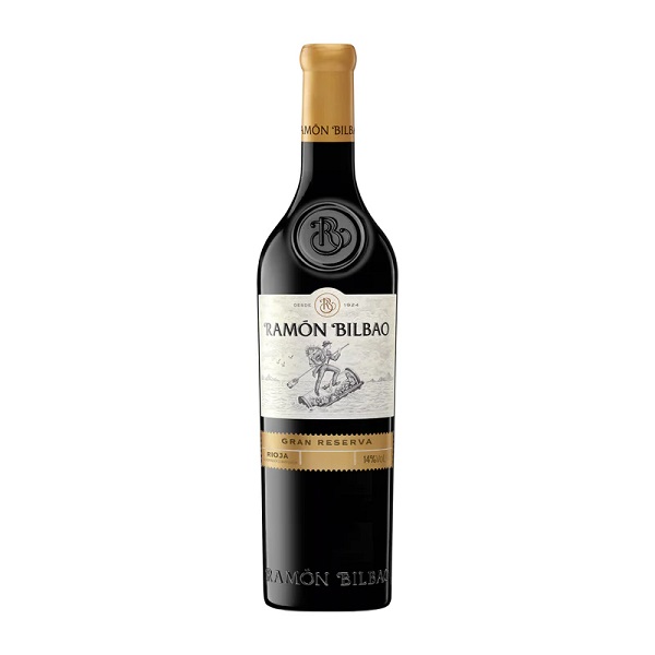 Ramon Bilbao Gran Reserva Rioja Spanish red wine in a dark bottle with a gold top and a gold and cream label.