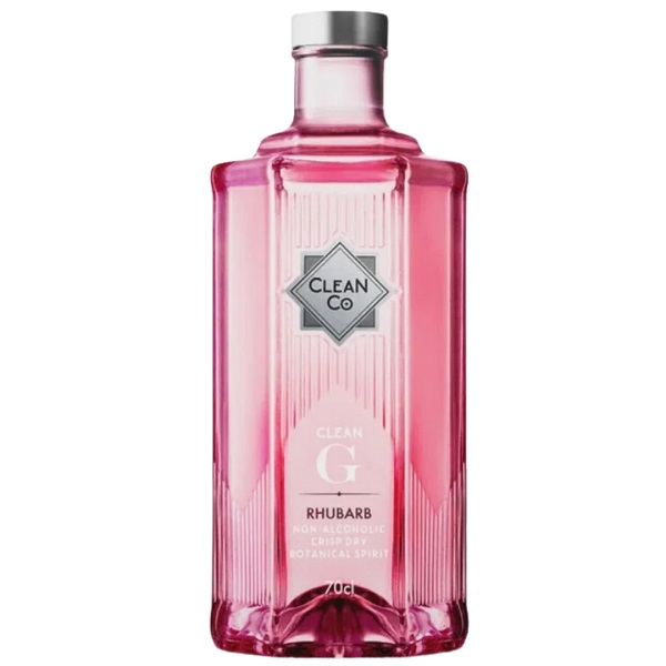 Clean Co Clean G Non-Alcoholic Rhubarb Gin in a clear bottle with a light pink liquid and a silver label.
