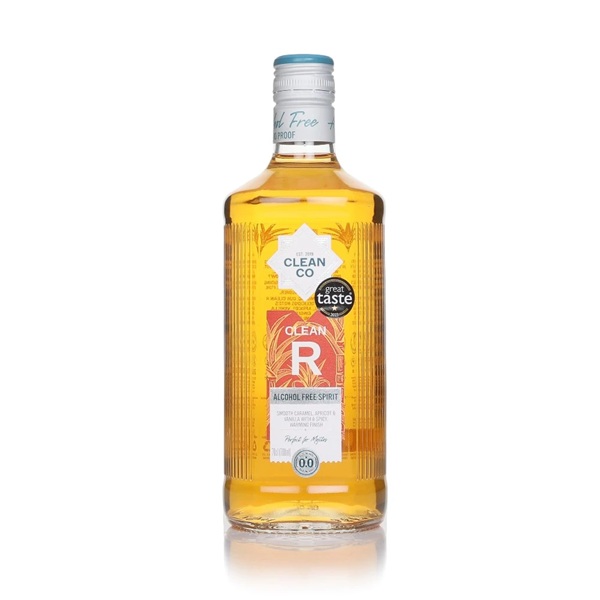 Clean Co Clean R Alcohol Free Rum Spirit with an amber drink in a clear bottle and a silver label.