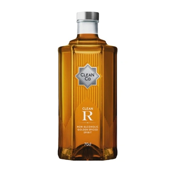 Clean Co Clean R Alcohol Free Rum Spirit with an amber drink in a clear bottle and a silver label.