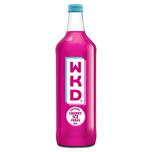 WKD Cherry Ice in a cherry colour with a white label and a blue top.