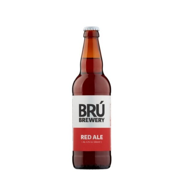 Bru Brewery Red Ale in a brown bottle with a red and white label.