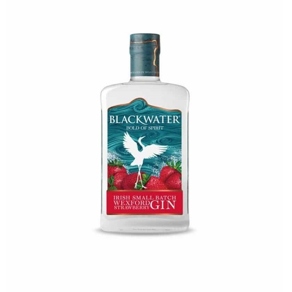 Blackwater Wexford Strawberry Gin in a clear bottle with a white bird on a blue and red label.