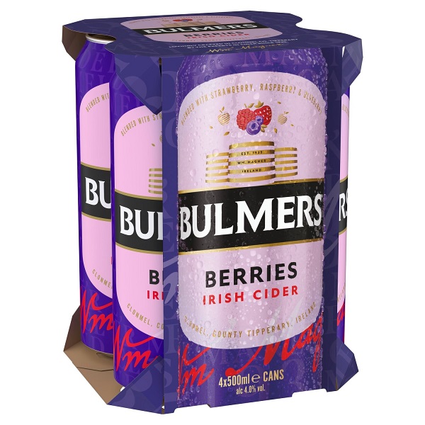 Bulmers Berries in a purple and pink can with black text.