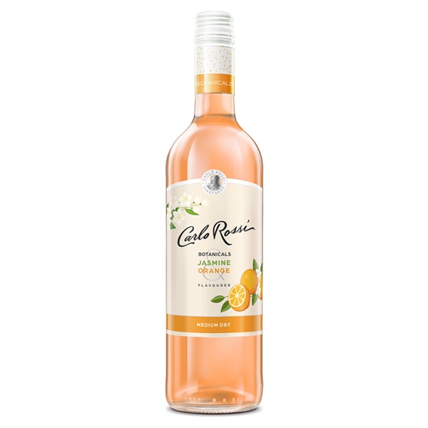 Carlo Rossi Botanicals Jasmine and Orange medium dry wine with oranges on a cream and orange label.