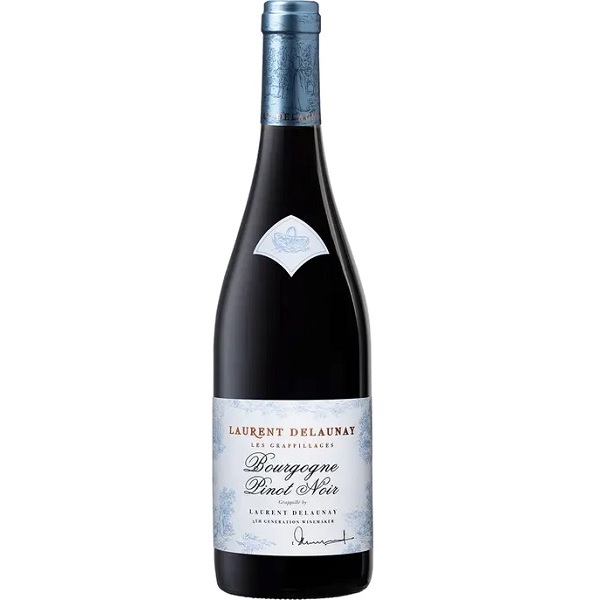 Laurent Delaunay Bourgogne Pinot Noir in a dark bottle with a white label and gold and black text.