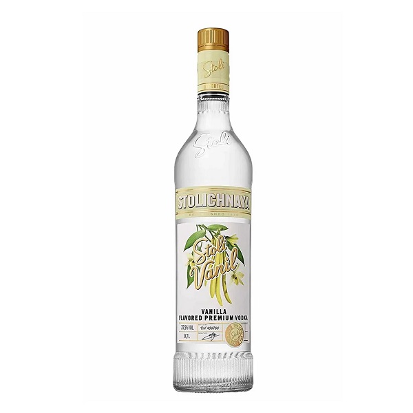 Stolichnaya Vanilla Flavoured Vodka in a clear bottle with vanilla flowers and a white and gold label.