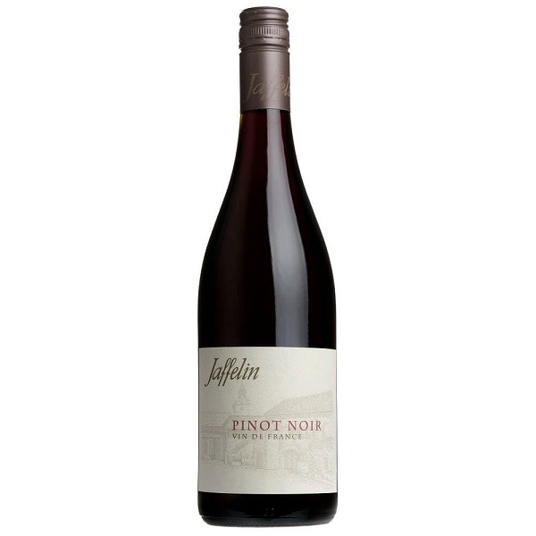 Jaffelin Pinot Noir in a dark bottle with a cream label.