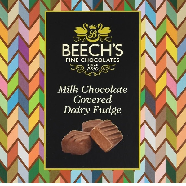 Beech's Milk Chocolate Dairy Fudge in a multicoloured box with chocolate fudge on a black label and white text.