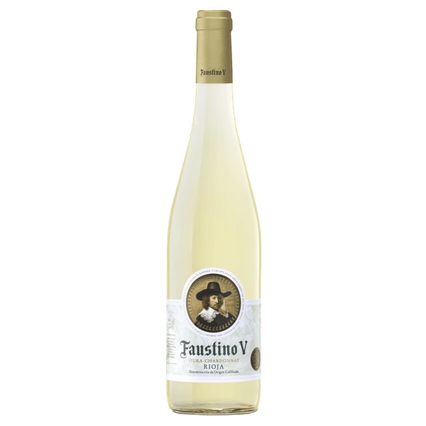 Faustino V Viura Chardonnay in a clear bottle with a gold top and a man in a hat on a white label.