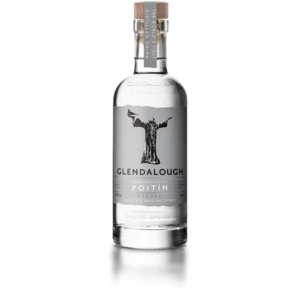 Glendalough Poitin in a clear bottle with a grey label and black and white text.