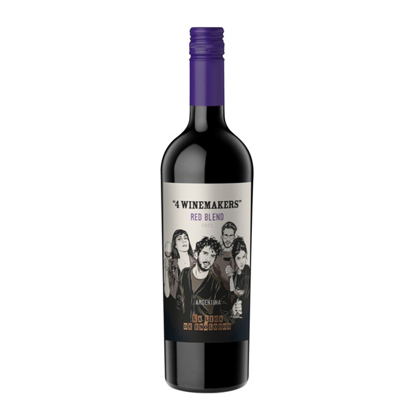 4 Winemakers Red Blend with four people on a white label and a purple cap.