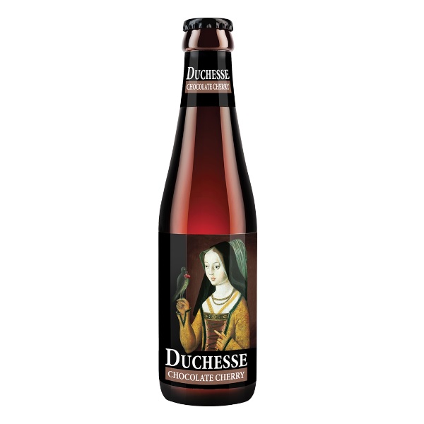 Duchesse Chocolate Cherry in a dark bottle with a woman holding a bird on the label.