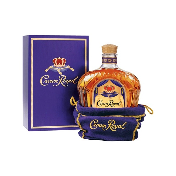 Crown Royal Canadian Whisky with a purple box and a velvet purple pouch over bottle.