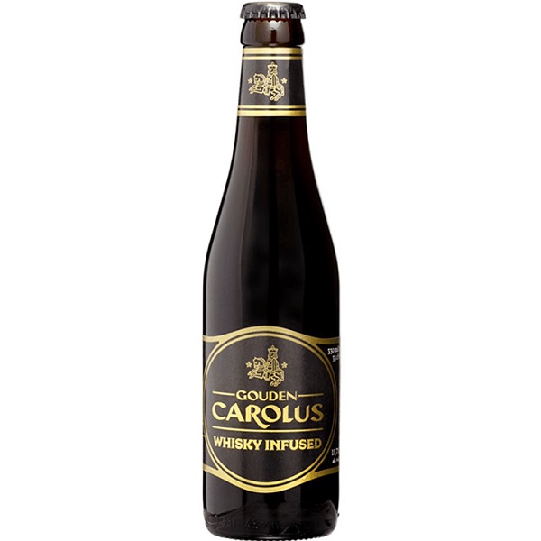 Gouden Carolus Whisky Infused Belgian beer in a dark bottle with a brown label and gold text.