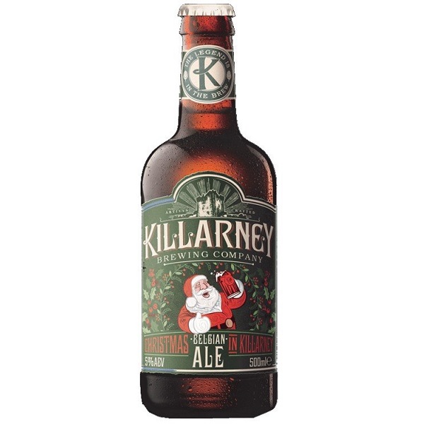 Killarney Brewing Belgian Style Christmas Ale in a dark bottle with a Santa holding a beer on a green label with holly around him.