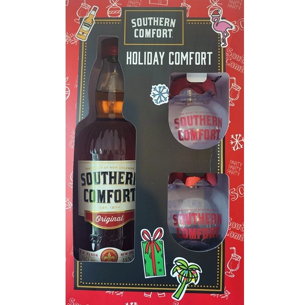 Southern Comfort Bauble Gift Set with a bottle of Southern Comfort in a gift box and two bauble style glasses.